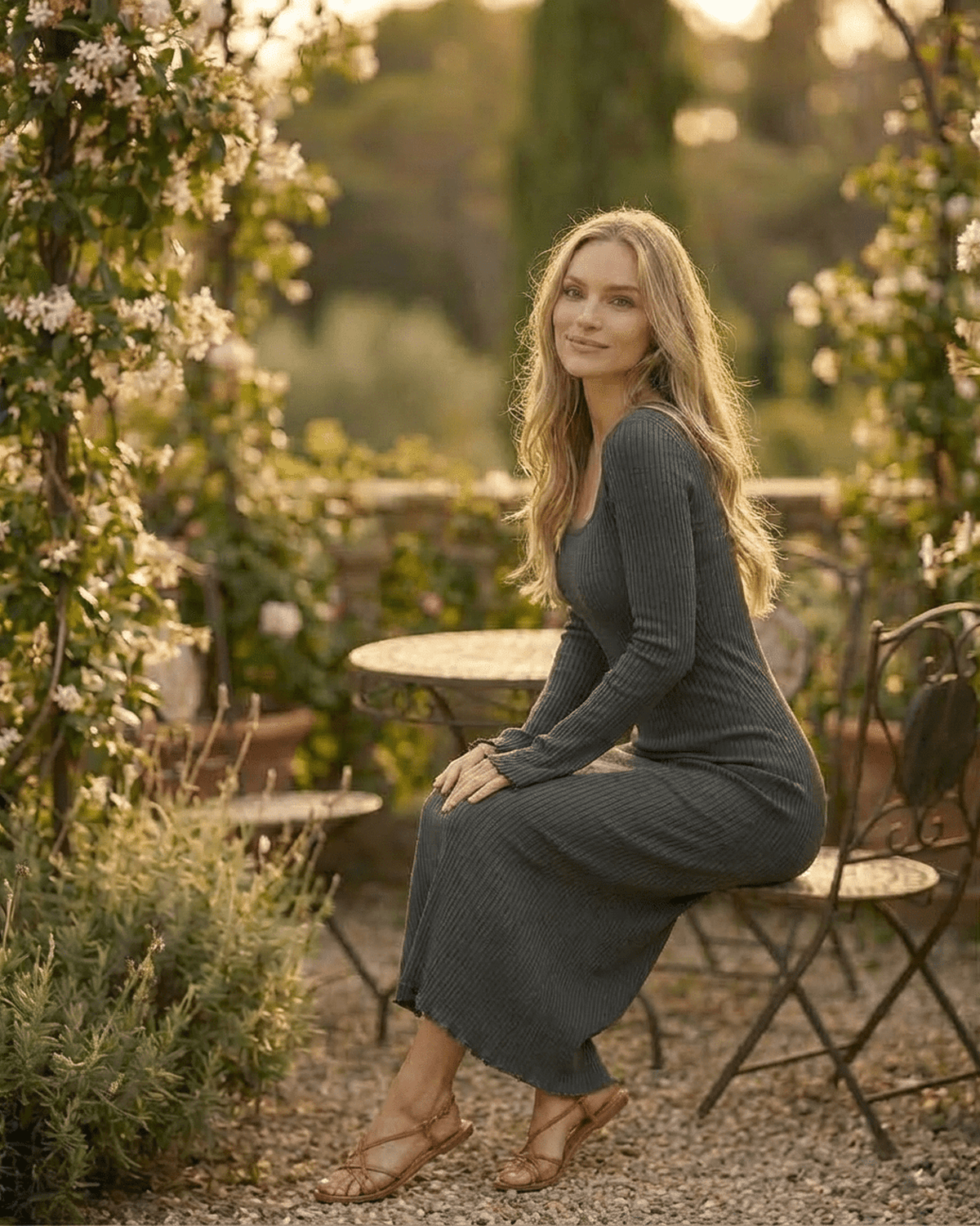 Slate Maxi Dress by Lauven, featuring a ribbed knit design with a square neckline and long sleeves in a natural setting.