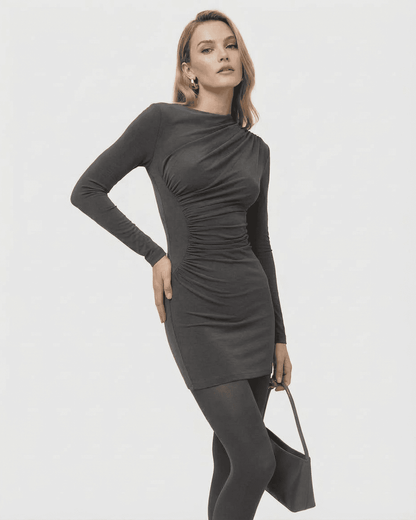 Slate Mini Dress by Lauven, long sleeve bodycon mini dress with high waist and applique detail in gray.