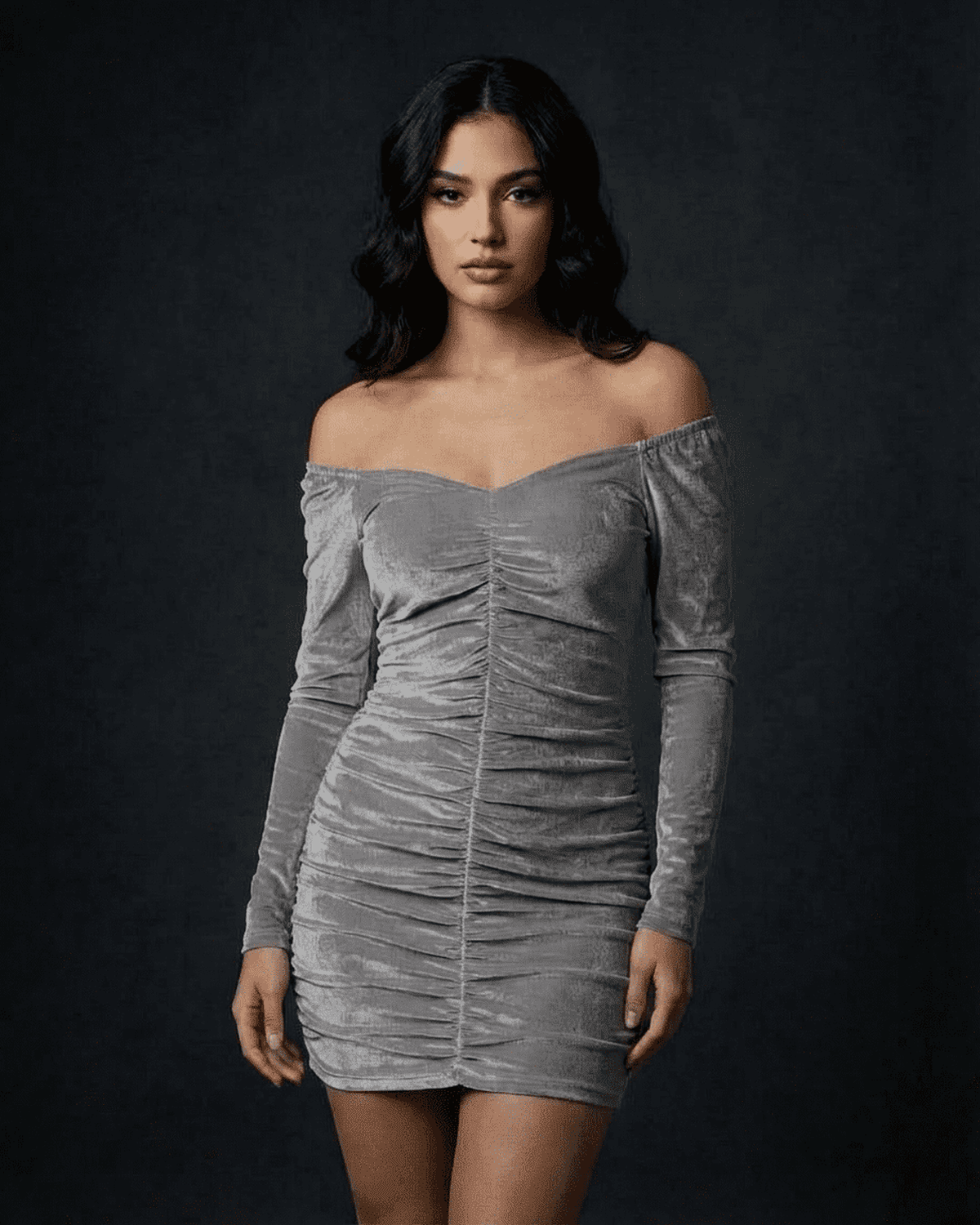 Slate Mini Dress by Lauven featuring ruched velvet and off-the-shoulder neckline for an elegant look.