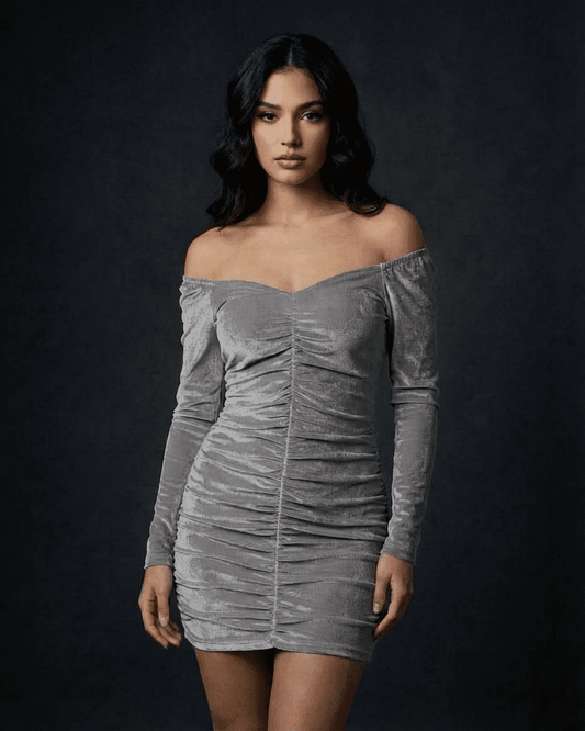 Slate Mini Dress by Lauven featuring ruched velvet and off-the-shoulder neckline for an elegant look.