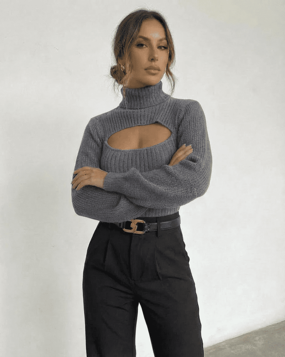 Slate Sweater by Lauven featuring a mock neck and cut out detail in a ribbed knit texture.