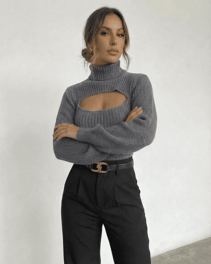 Slate Sweater by Lauven featuring a mock neck and cut out detail in a ribbed knit texture.