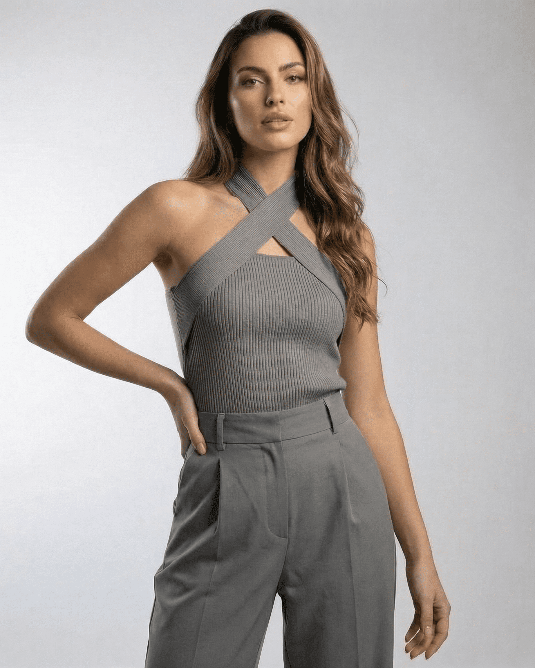 Slate Top by Lauven — Modern ribbed halter knit top with crossed-front detail, perfect for versatile styling.