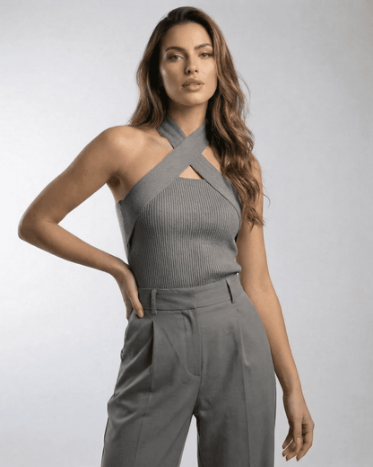Slate Top by Lauven — Modern ribbed halter knit top with crossed-front detail, perfect for versatile styling.