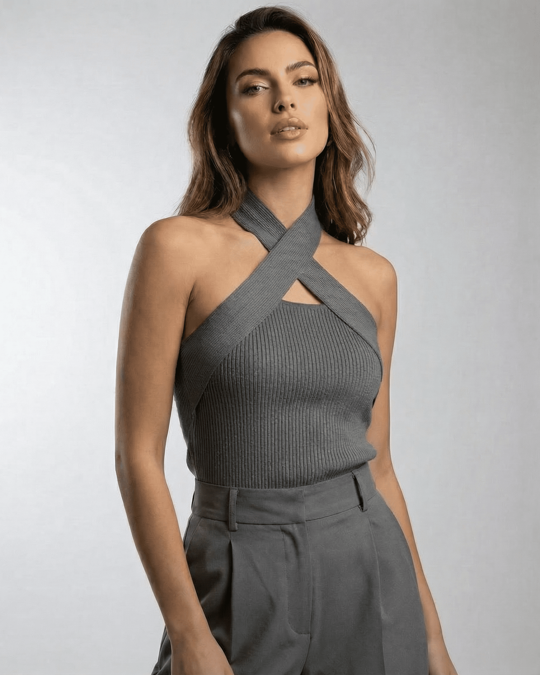 Slate Top by Lauven - Ribbed halter knit top featuring crossed-front detail and modern elegance.