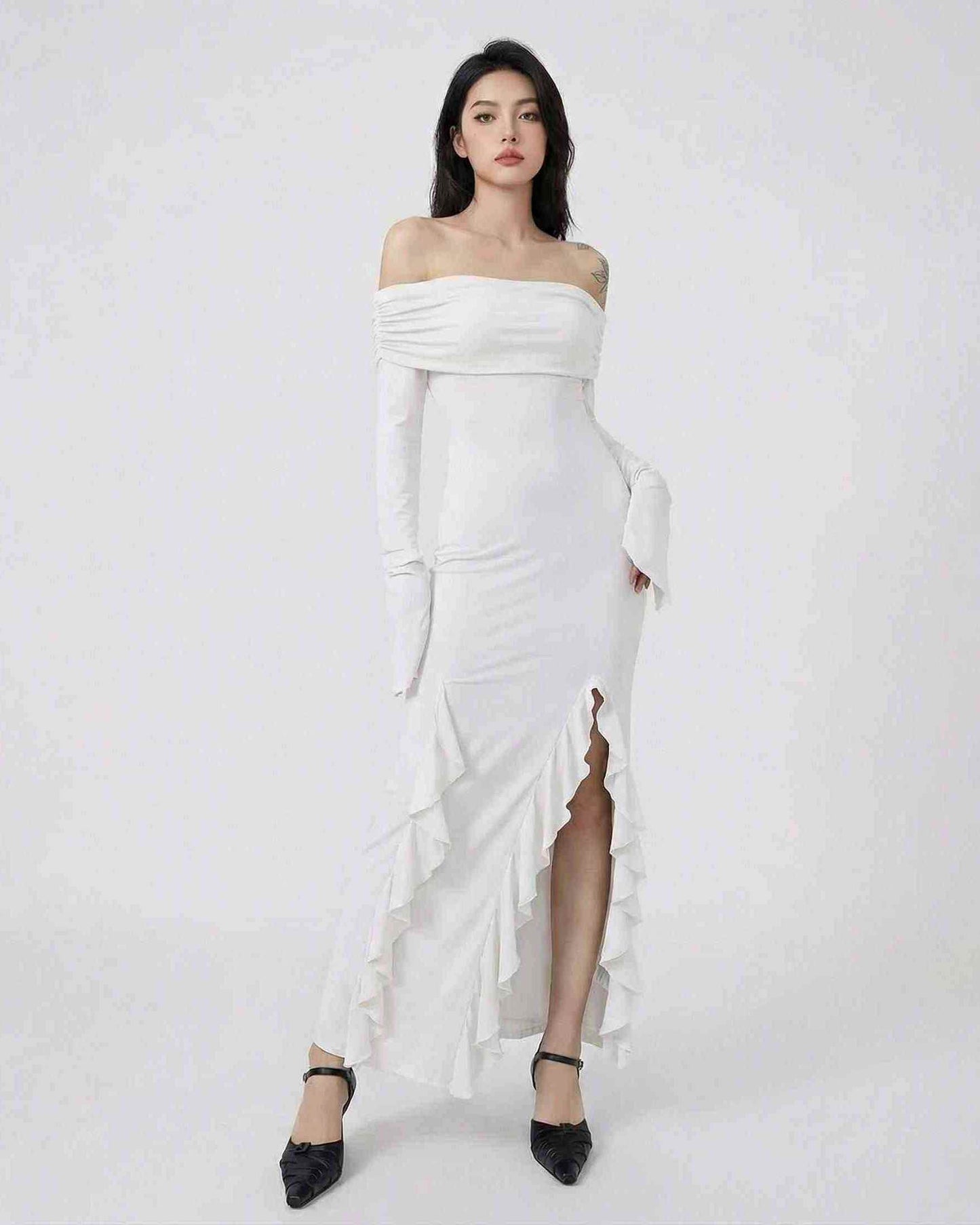 Lauven Snow Maxi Dress - Off-Shoulder Asymmetrical Ruffle Dress with Flare Sleeves