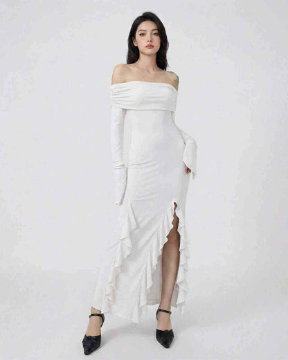 Lauven Snow Maxi Dress - Off-Shoulder Asymmetrical Ruffle Dress with Flare Sleeves