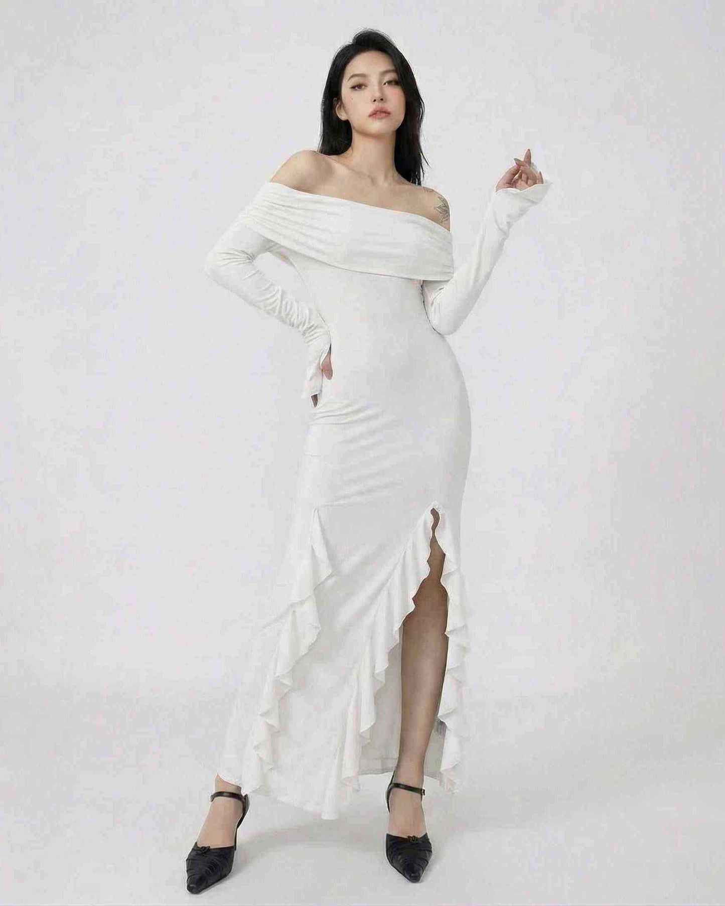 Snow Maxi Dress by Lauven - Off-shoulder asymmetrical ruffle dress with flare sleeves in elegant white.