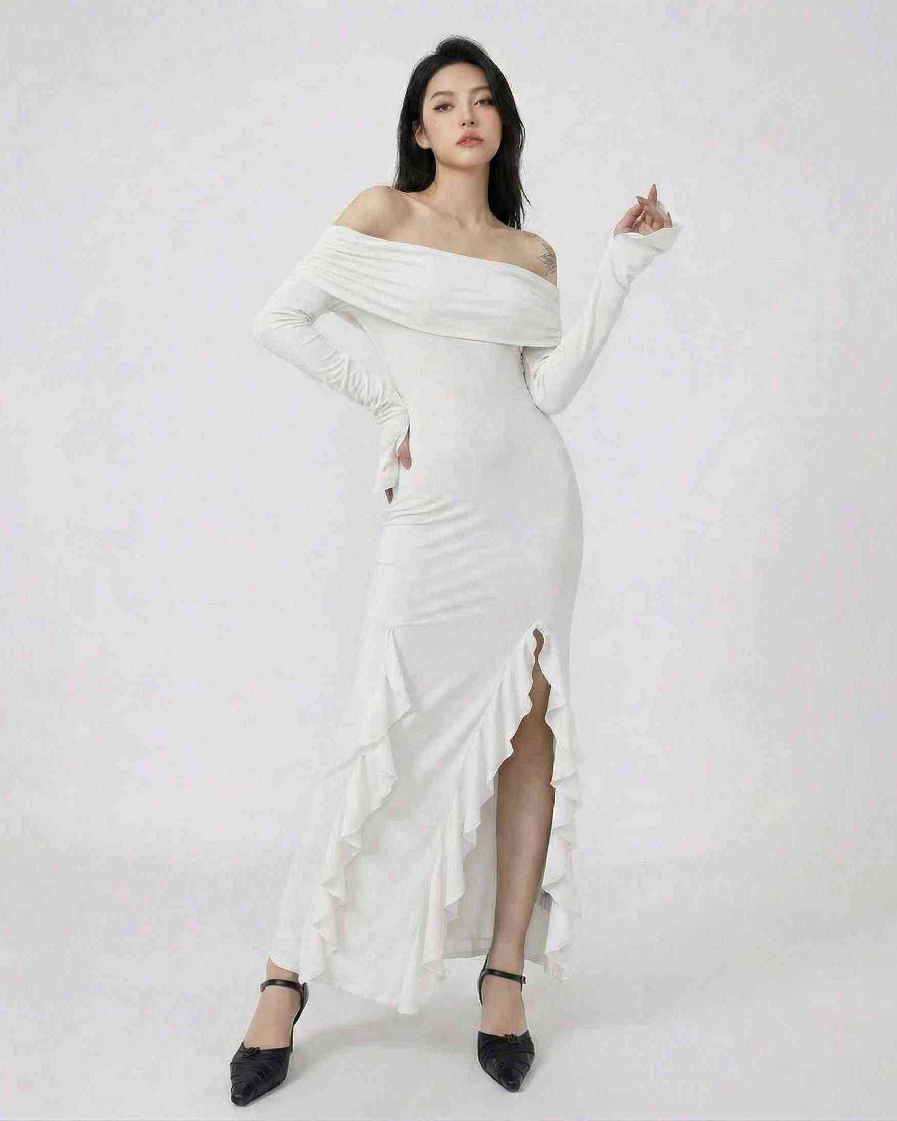 Snow Maxi Dress by Lauven - Off-shoulder asymmetrical ruffle dress with flare sleeves in elegant white.