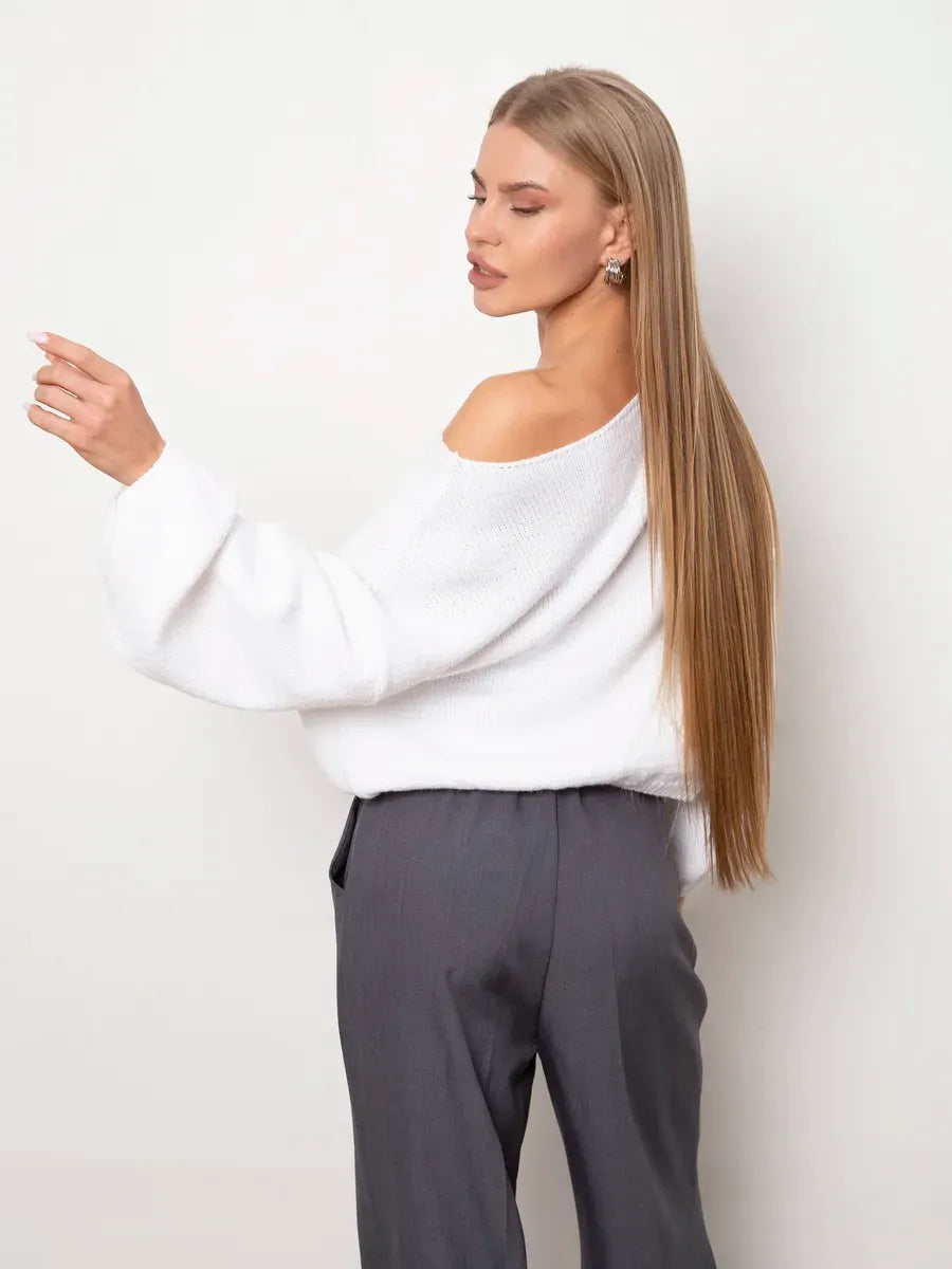 Snowfall Sweater by Lauven - Oversized white knit sweater with boat neck, perfect for stylish comfort.