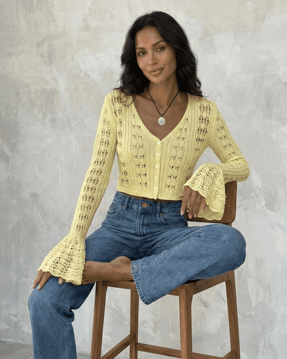 Solana Cardigan by Lauven, cropped cotton knit with flare sleeves, perfect for warm-weather layering and stylish everyday wear.