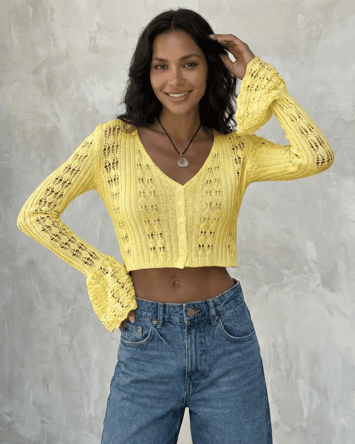 Solana Cardigan by Lauven in yellow with flare sleeves and V-neckline, perfect for warm-weather layering.