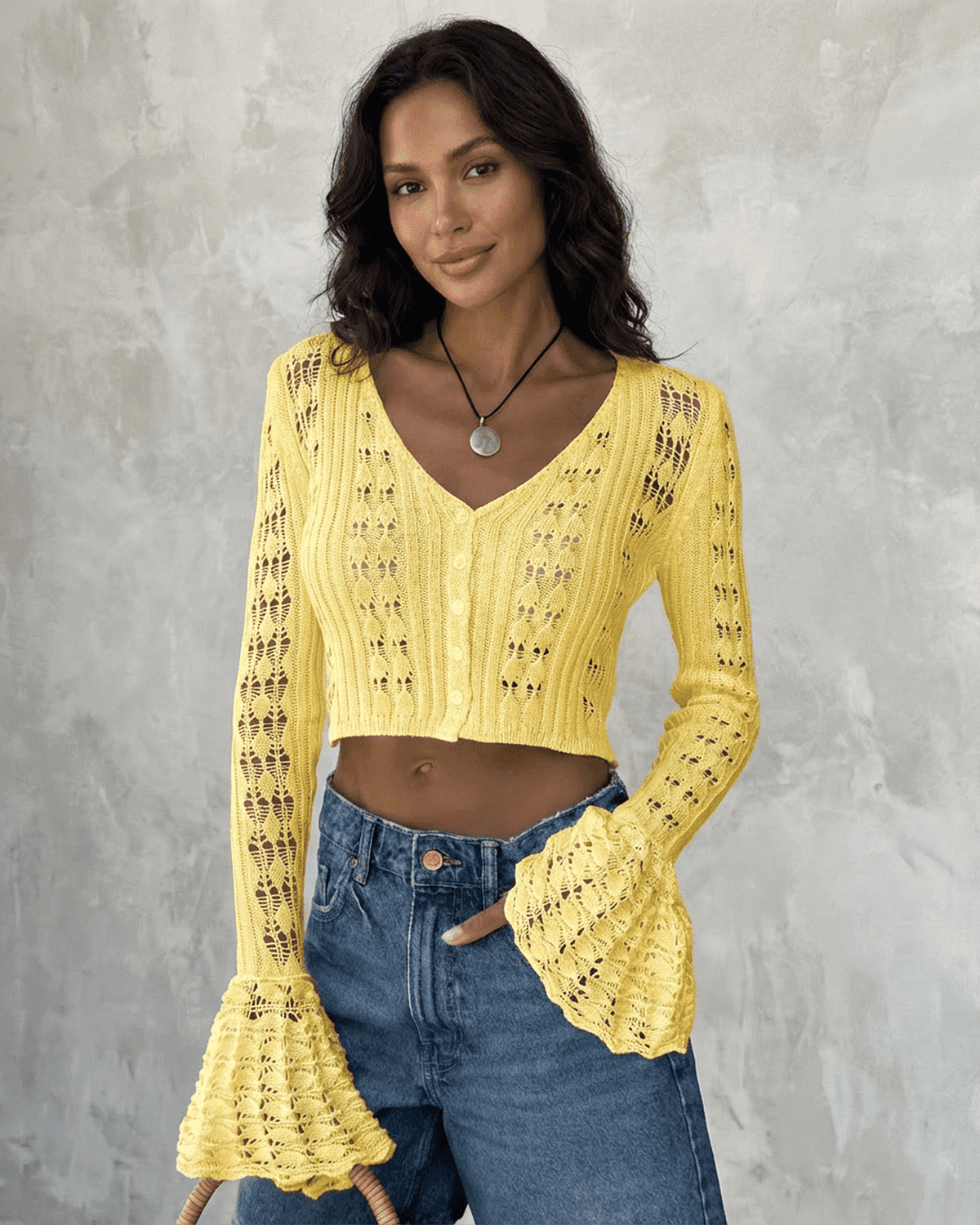 Solana Cardigan by Lauven, cropped yellow cotton knit with flare sleeves, stylish V-neck for women.