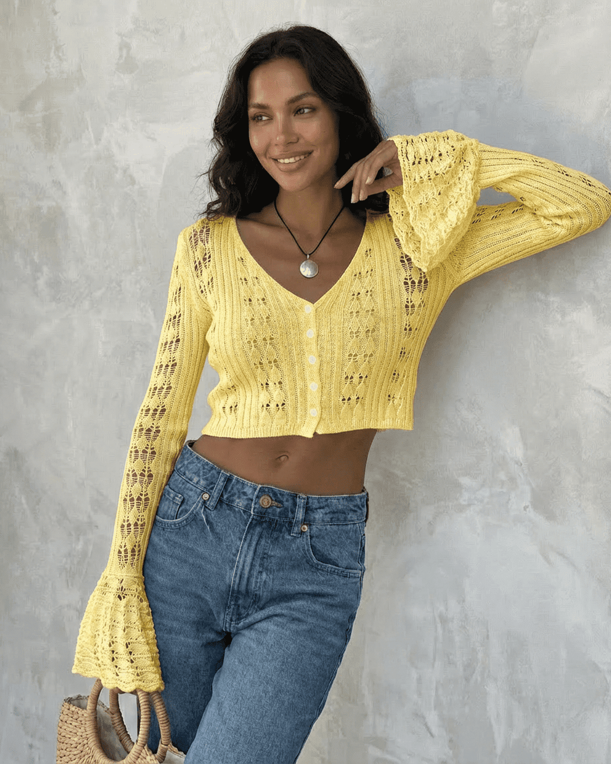 Solana Cardigan by Lauven in yellow, cropped cotton knit with flare sleeves and V-neckline, perfect for warm-weather layering.