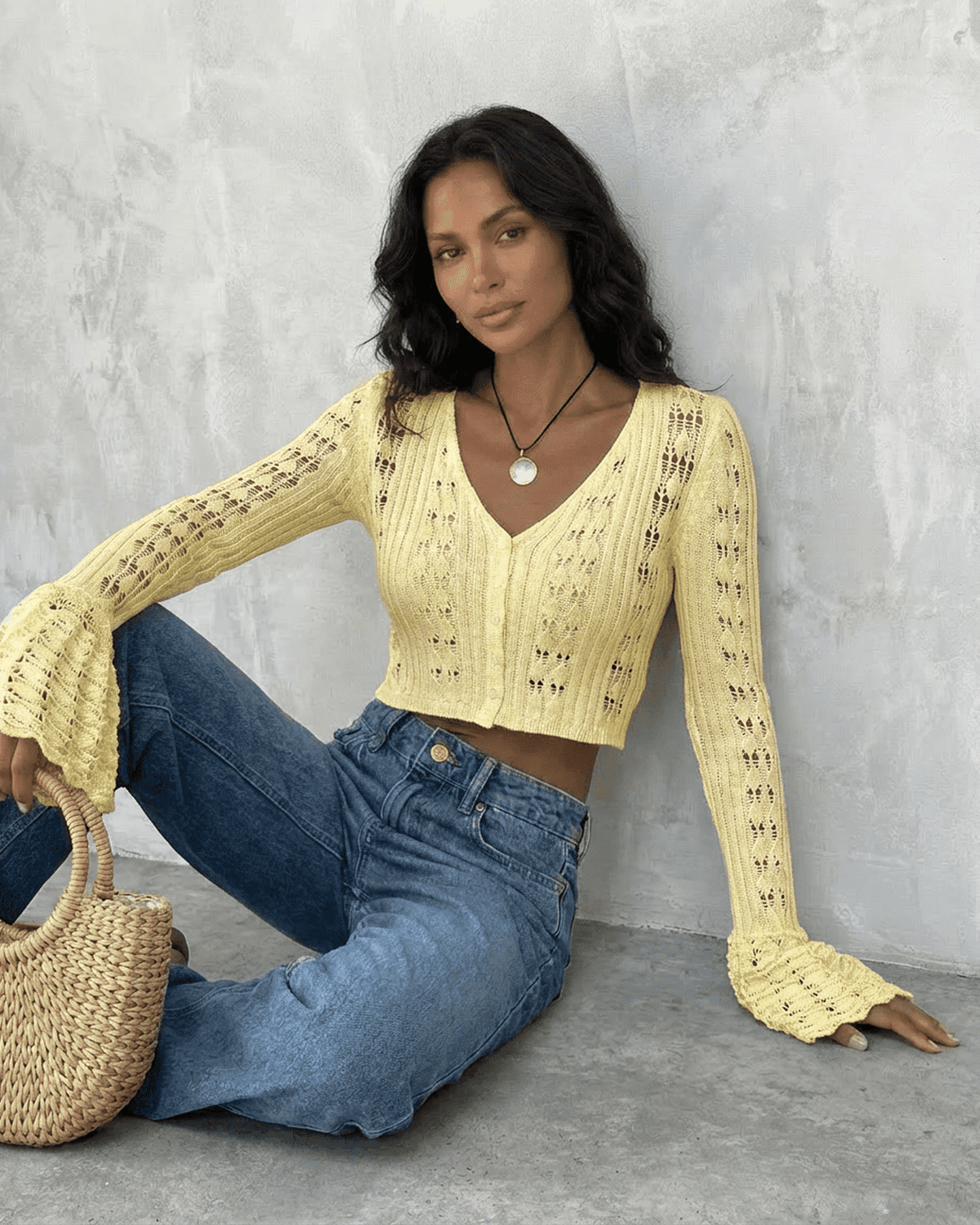 Solana Cardigan by Lauven - Cropped cotton knit with flare sleeves in yellow, perfect for warm-weather layering.