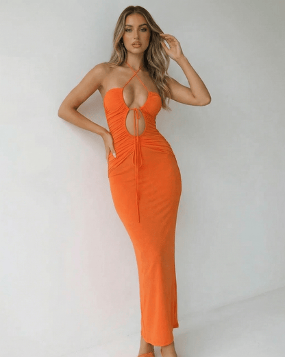 Solara Maxi Dress by Lauven - Elegant orange ankle-length halter neck dress with ruched detailing.