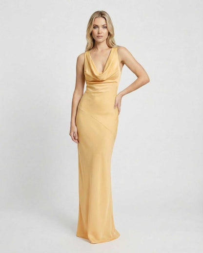 Solara Maxi Dress by Lauven - Satin-effect cowl neck bodycon dress in a stunning gold hue.