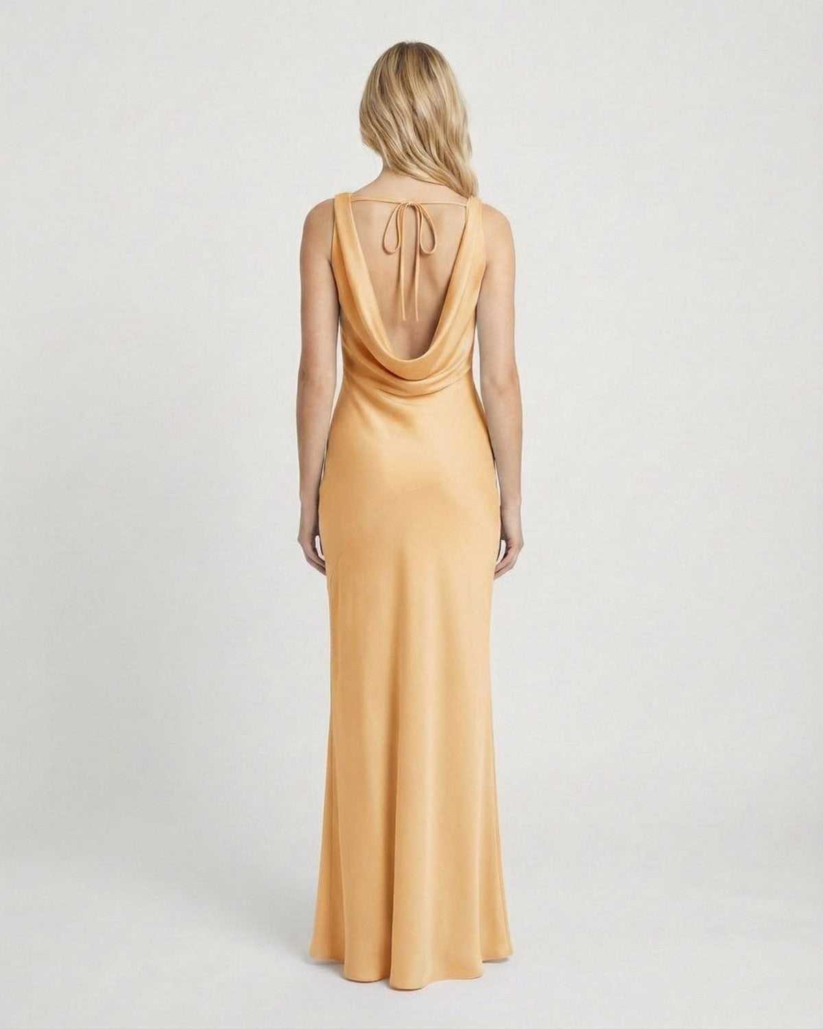 Solara Maxi Dress by Lauven, satin-effect bodycon design with cowl neck and elegant open back.