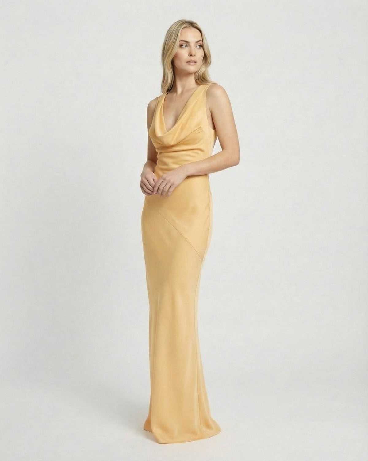 Solara Maxi Dress by Lauven in a smooth satin-effect finish, showcasing a cowl neck and bodycon floor-length silhouette.