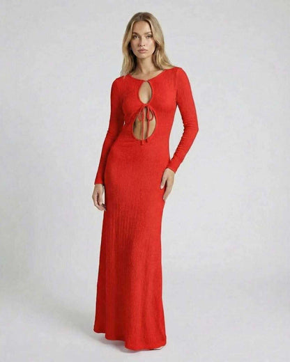 Solara Maxi Dress by Lauven in vibrant red textured knit with keyhole front and long sleeves.