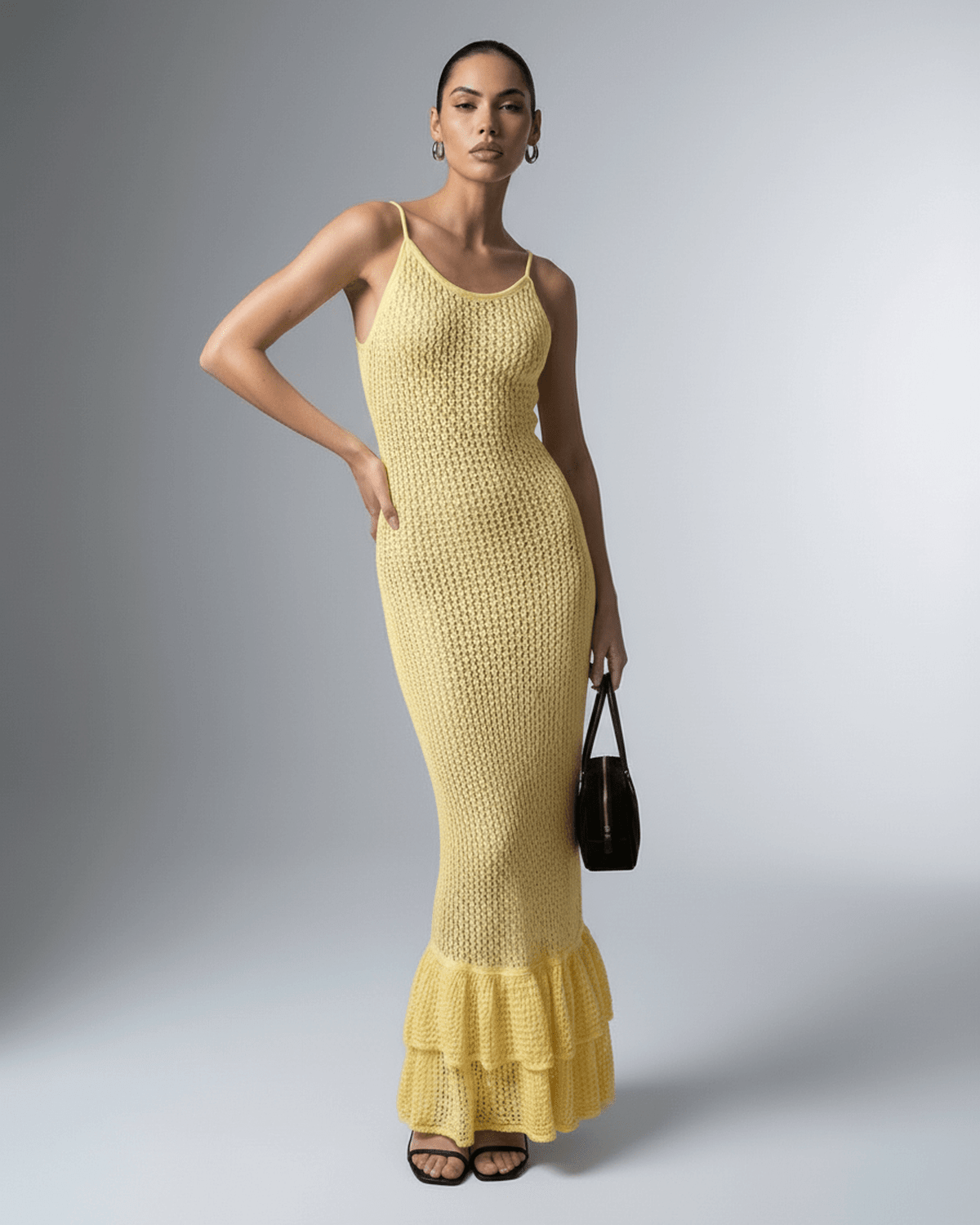 Solara Maxi Dress by Lauven - Yellow bodycon maxi dress featuring hollow out detail and sculpted silhouette.