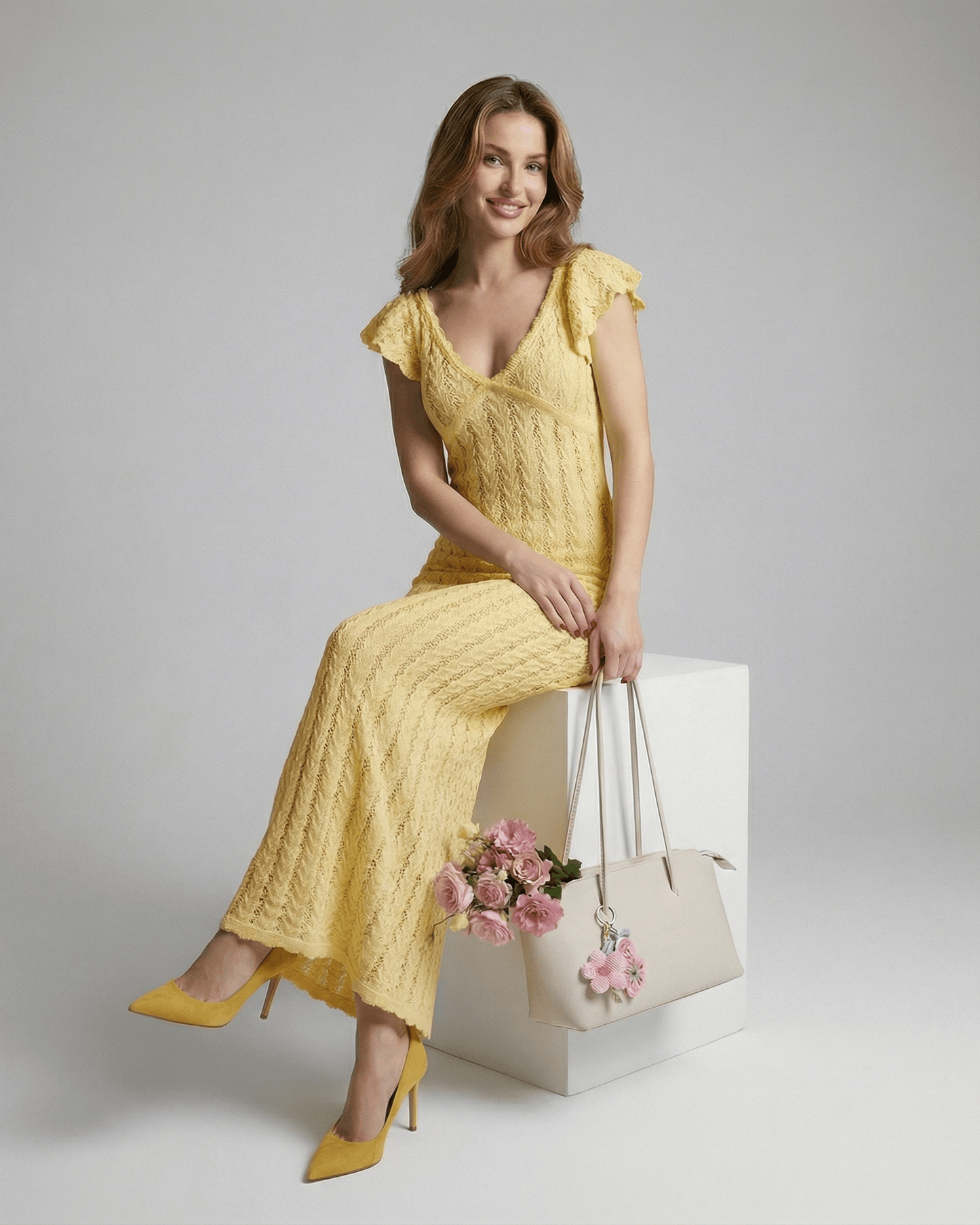 Model wearing the Solara Maxi Dress by Lauven, featuring a soft V-neck, ruffle sleeves, and holding flowers.