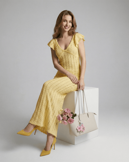 Model wearing the Solara Maxi Dress by Lauven, featuring a soft V-neck, ruffle sleeves, and holding flowers.