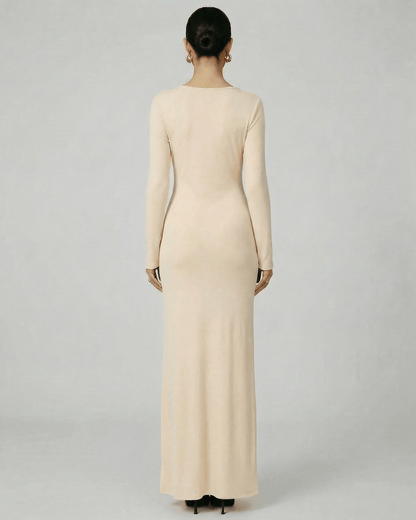 Solea Maxi Dress by Lauven - Beige long sleeve bodycon maxi dress showcasing a sleek back view and fluid silhouette.