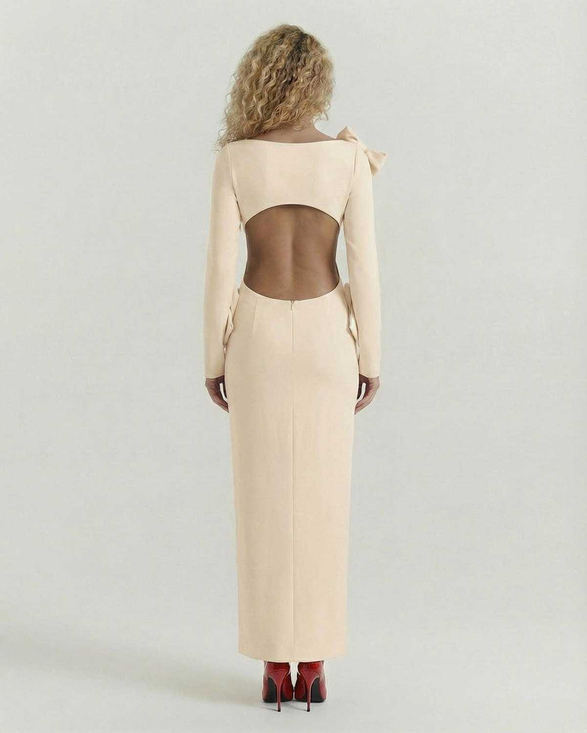 Soleil Maxi Dress by Lauven - Elegant cream open back gown with bow accents.