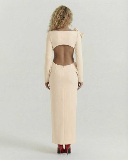 Soleil Maxi Dress by Lauven - Elegant cream open back gown with bow accents.