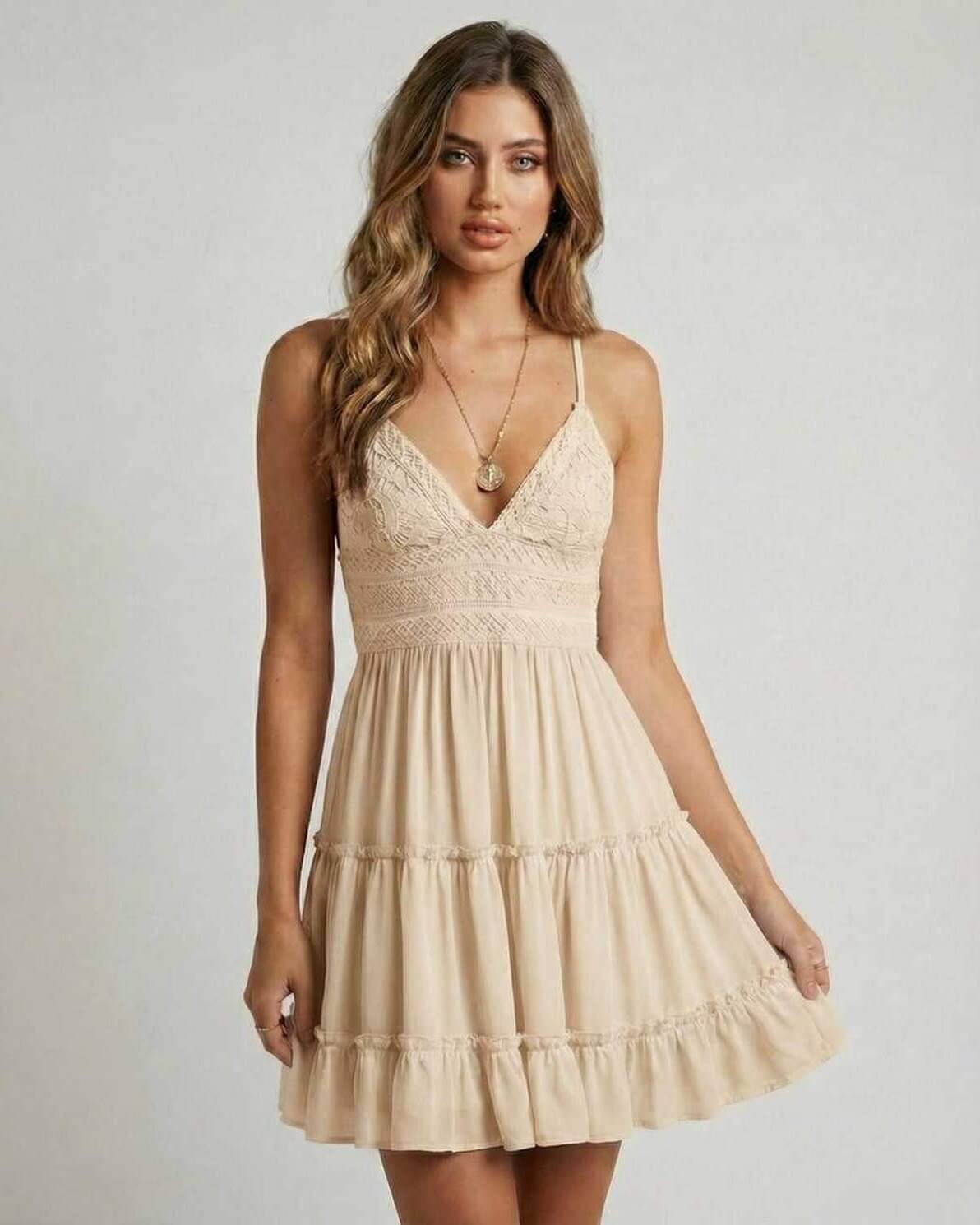 Soleil Mini Dress by Lauven featuring a lace bodice and tiered skirt in warm beige tone.