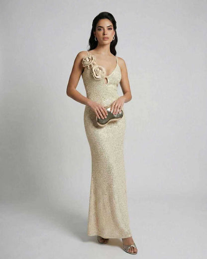 Solene Maxi Dress by Lauven featuring champagne sequins and floral accents in an elegant sheath silhouette.