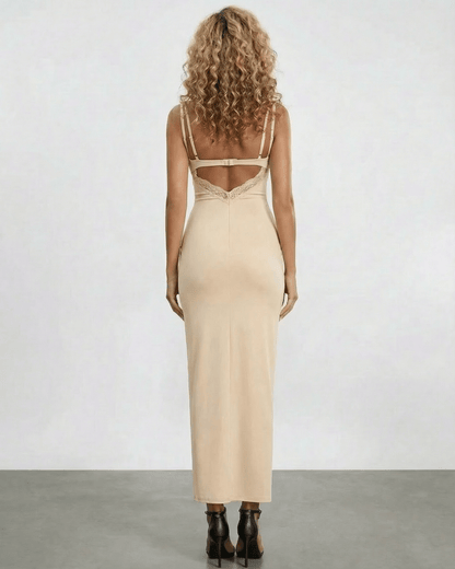 Back view of Solene Maxi Dress by Lauven featuring lace panel and spaghetti straps in a neutral tone.