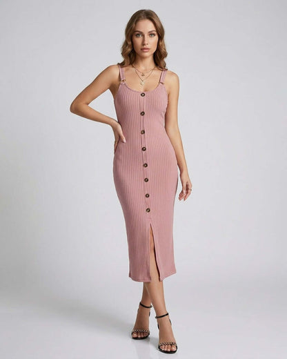 Solene Midi Dress by Lauven – Blush-pink ribbed sleeveless dress with button front and front split.