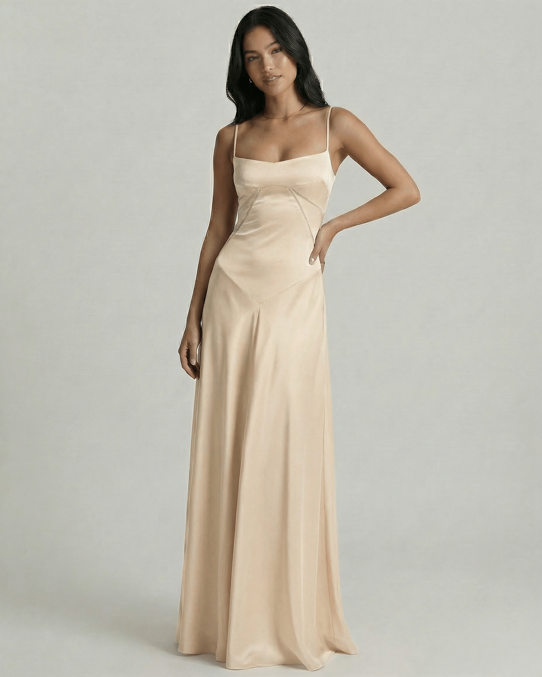 Solenne Maxi Dress by Lauven, champagne satin lace-up back maxi silhouette, elegant and refined design.