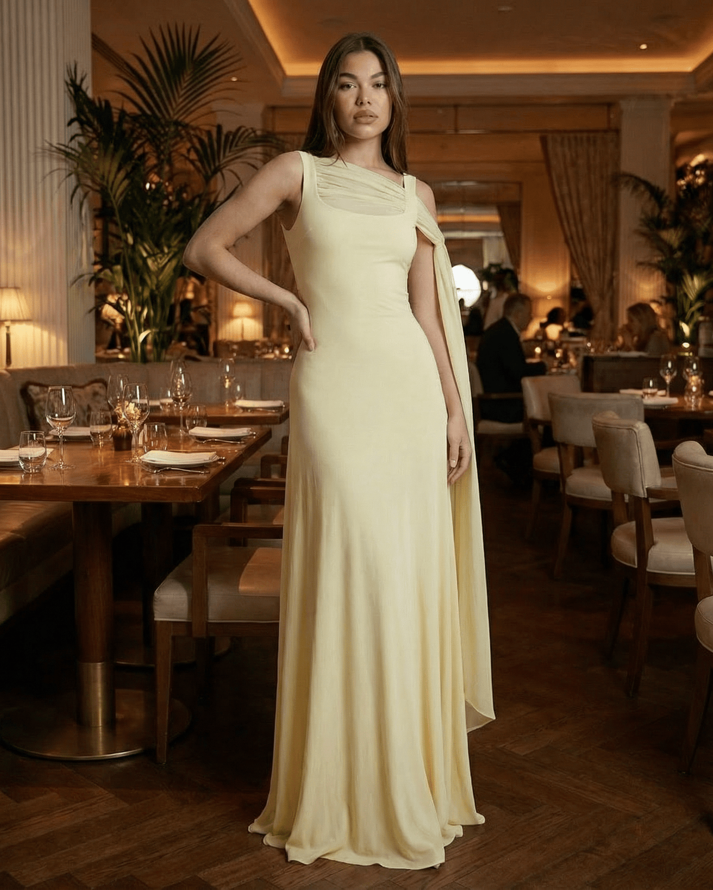 Solenne Maxi Dress by Lauven - Elegant light yellow slip maxi dress featuring a square neck and mesh shawl detail.