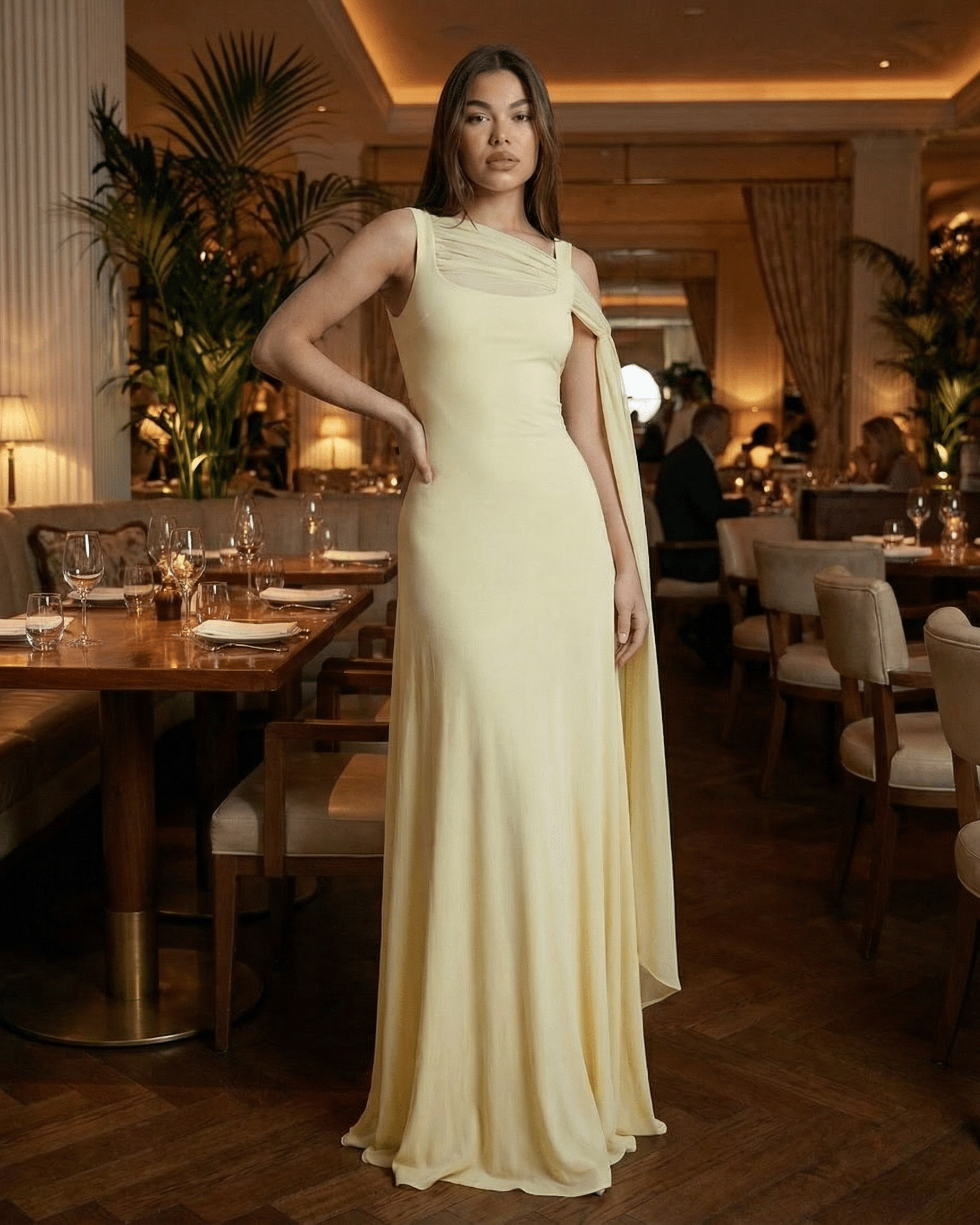Solenne Maxi Dress by Lauven - Elegant light yellow slip maxi dress featuring a square neck and mesh shawl detail.