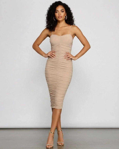 Solenne Midi Dress by Lauven featuring a sweetheart neckline and ruched bodycon silhouette, perfect for evening wear.