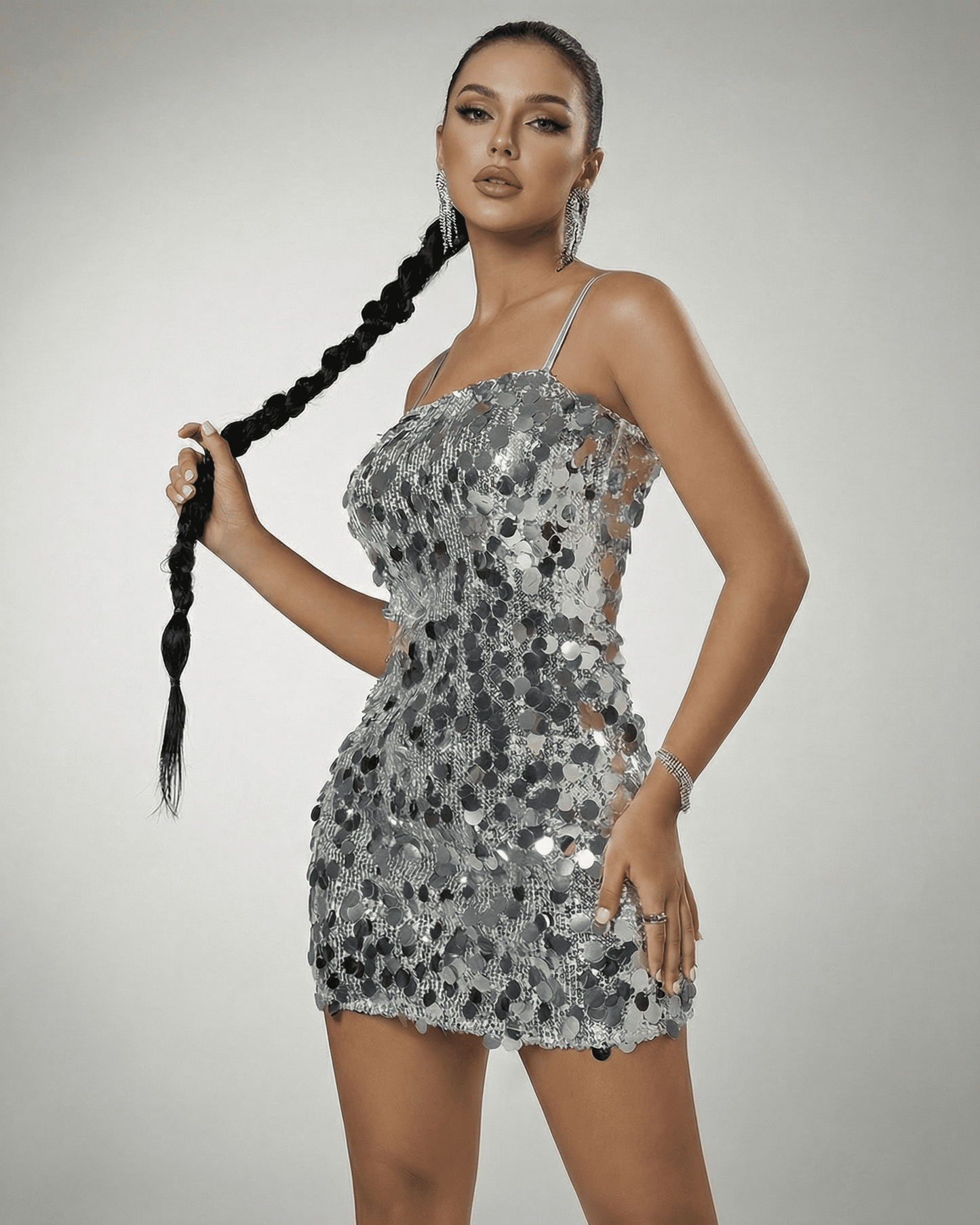 Stella Mini Dress by Lauven featuring a silver sequin off-the-shoulder design and high waist silhouette.