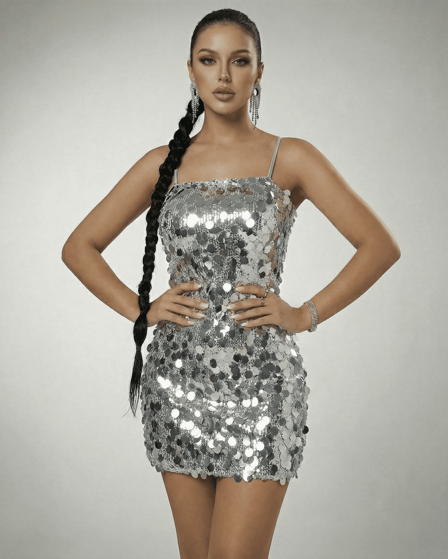 Stella Mini Dress by Lauven - Silver Sequin Off-The-Shoulder Mini Dress with High Waist, Sleeveless and Luminous Finish.
