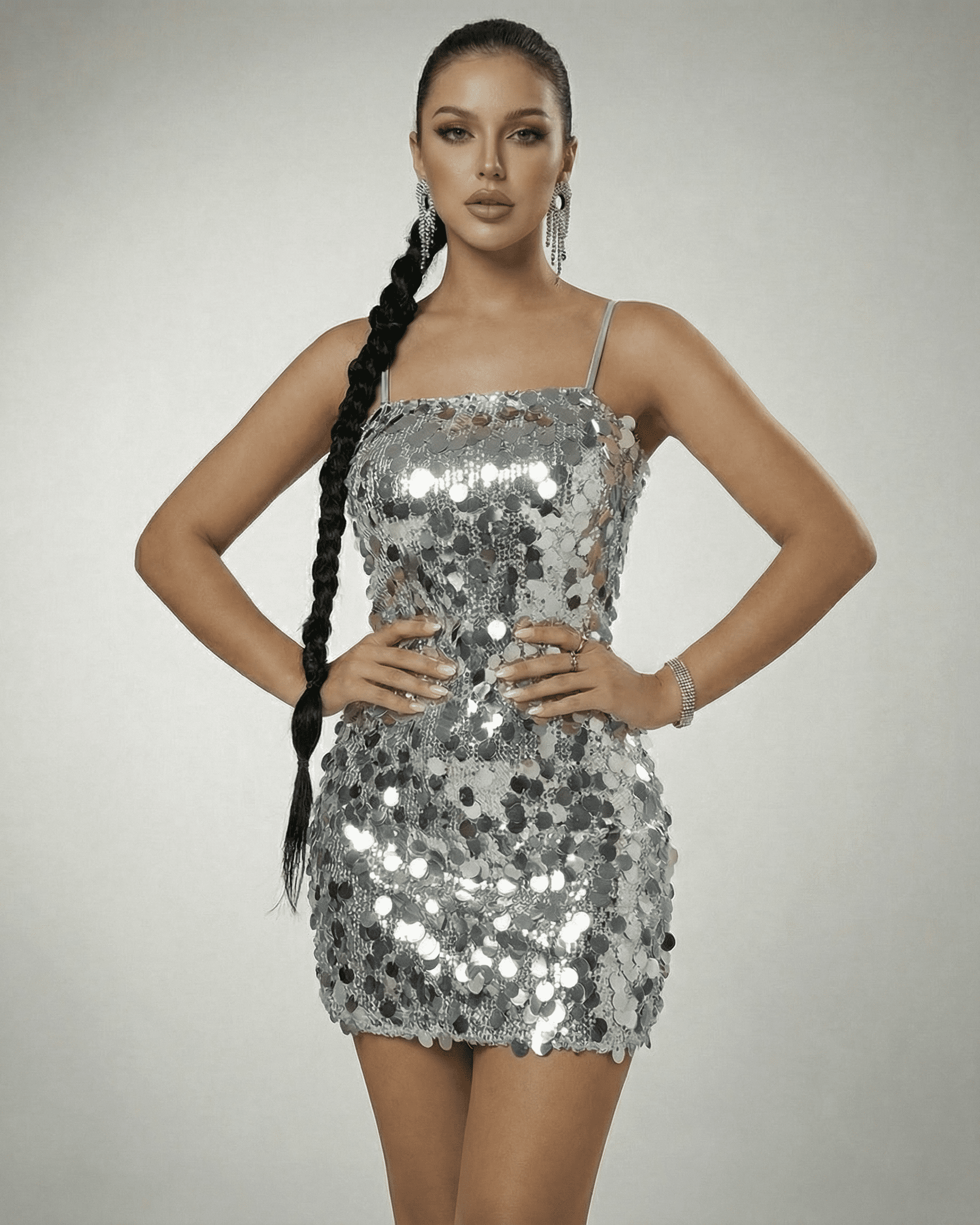 Stella Mini Dress by Lauven - Silver Sequin Off-The-Shoulder Mini Dress with High Waist, Sleeveless and Luminous Finish.