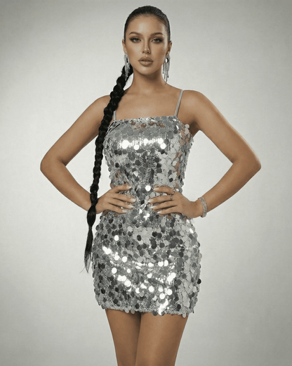 Stella Mini Dress by Lauven - Silver Sequin Off-The-Shoulder Mini Dress with High Waist, Sleeveless and Luminous Finish.