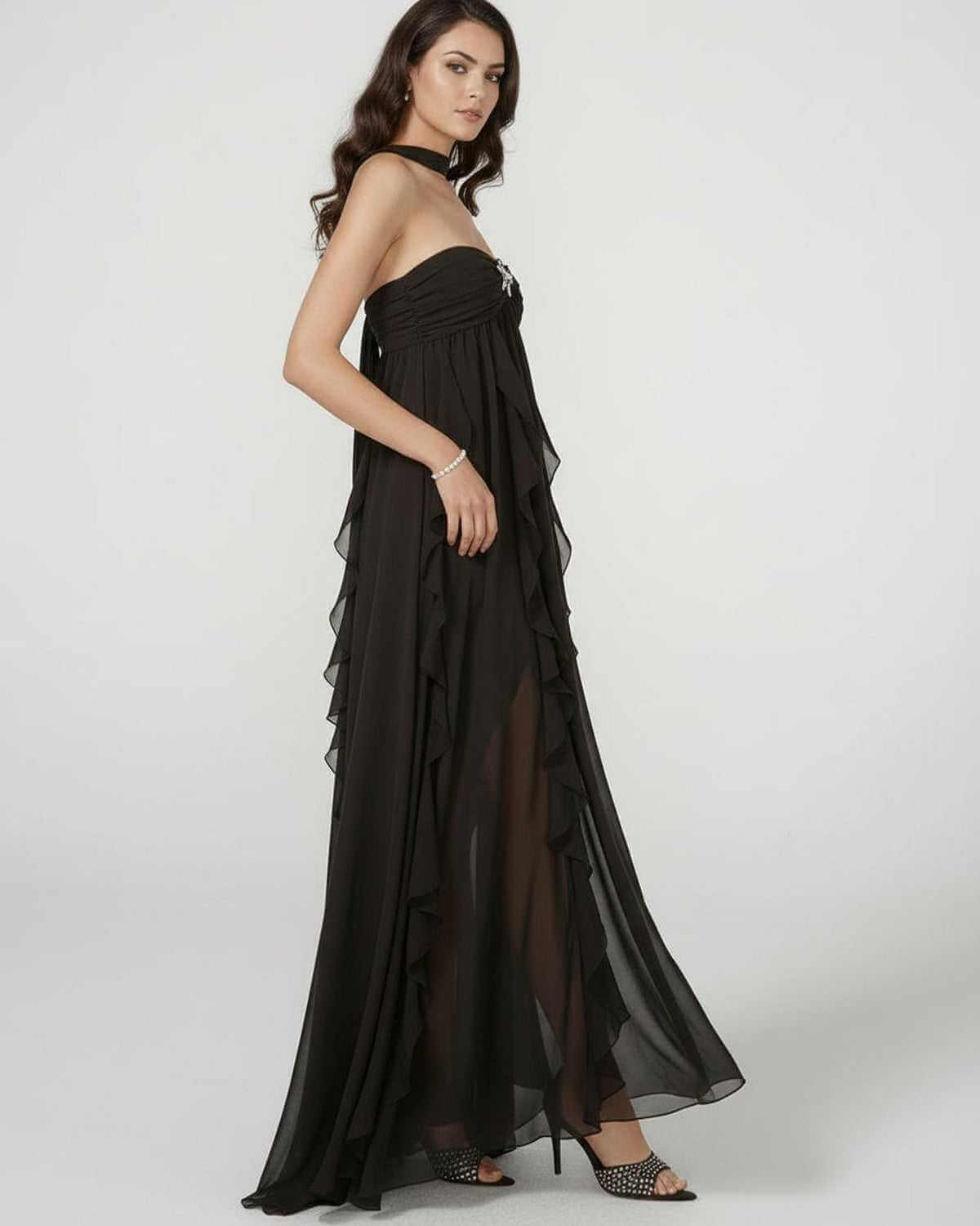 Stellara Maxi Dress by Lauven, elegant strapless ankle-length gown with tassel detail and ruffled layers.