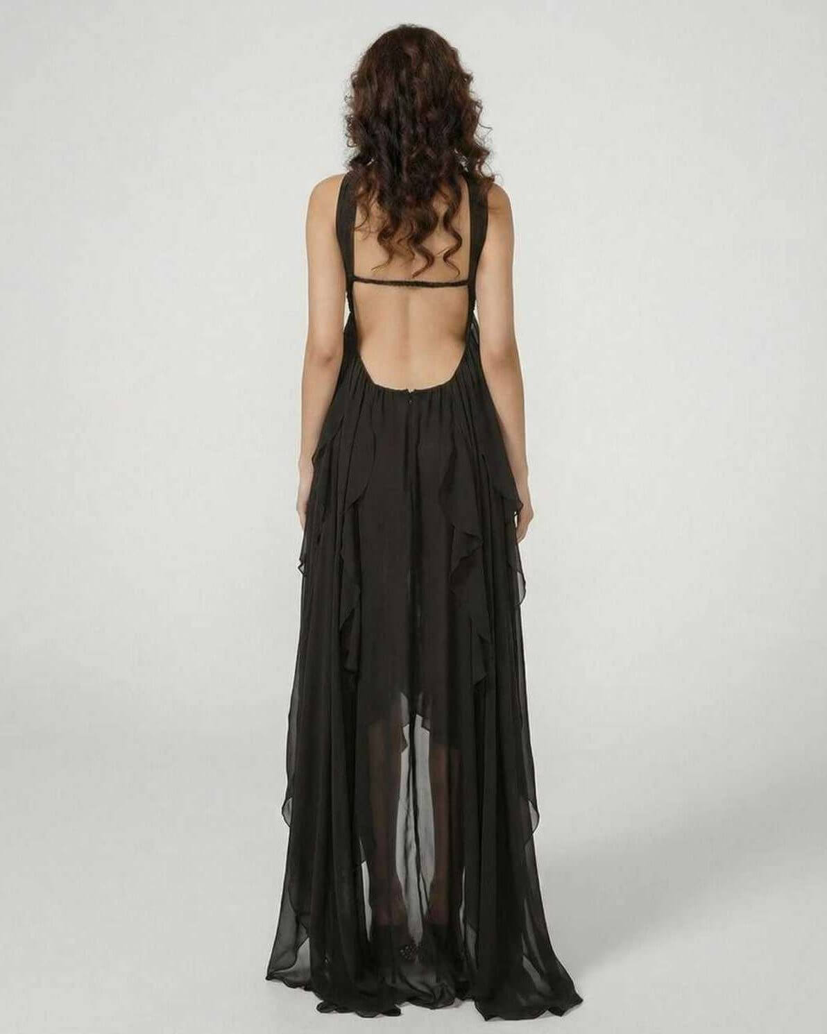 Stellara Maxi Dress by Lauven – Elegant strapless gown showcasing a backless design and soft ruffles.