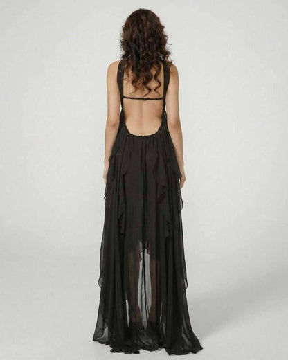 Stellara Maxi Dress by Lauven – Elegant strapless gown showcasing a backless design and soft ruffles.