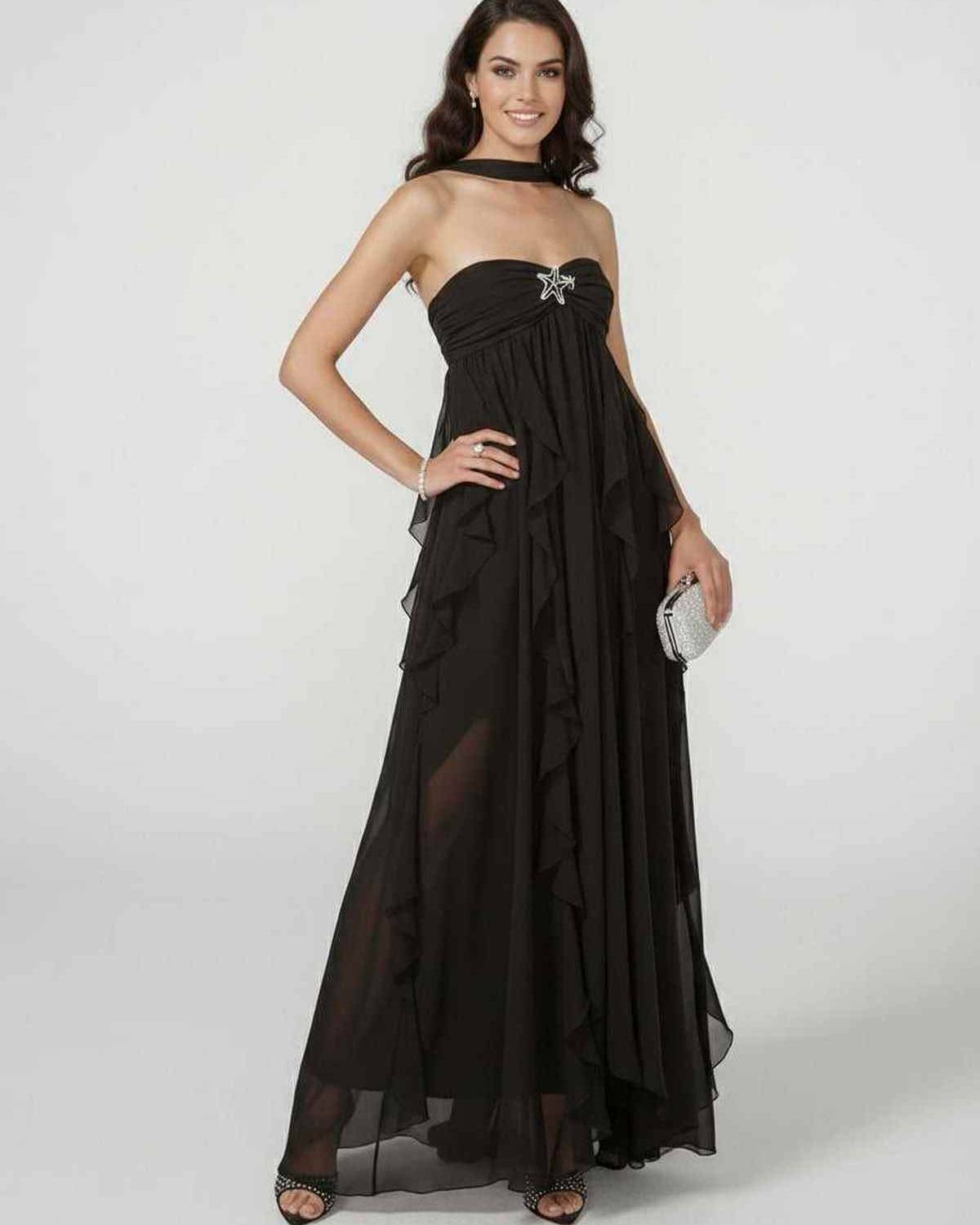 Stellara Maxi Dress by Lauven – Elegant strapless ankle-length gown with tassel detail and ruffled layers.