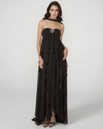 Stellara Maxi Dress by Lauven, an elegant strapless ankle-length gown with tassel detail and ruffled layers.