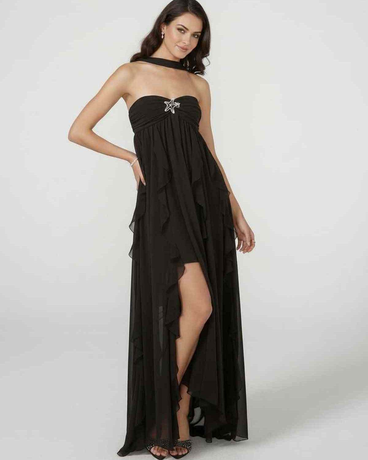 Stellara Maxi Dress by Lauven - Elegant strapless ankle-length gown with tassel detail and ruffled layers.