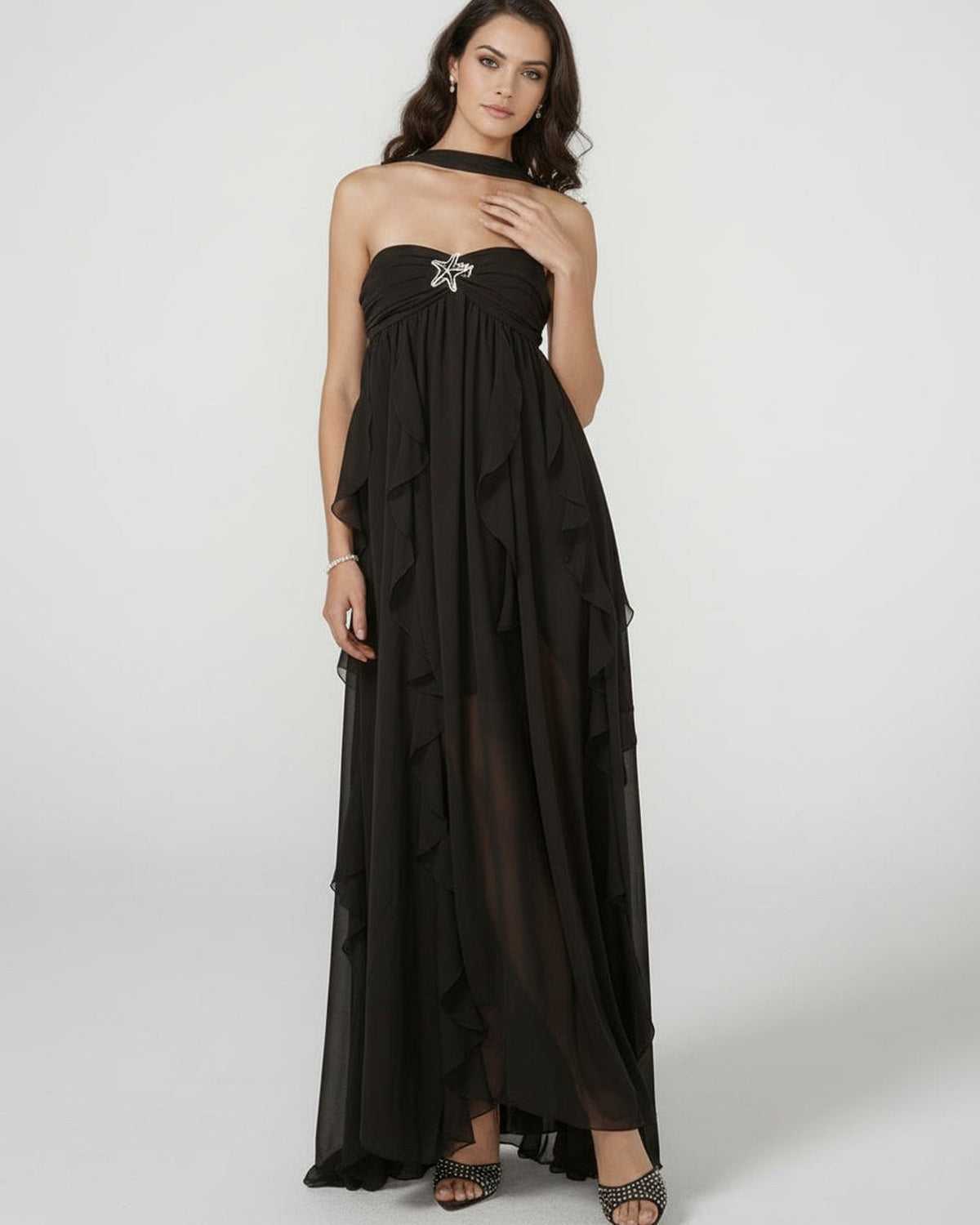 Stellara Maxi Dress by Lauven - Elegant strapless ankle-length gown with tassel and ruffled details.