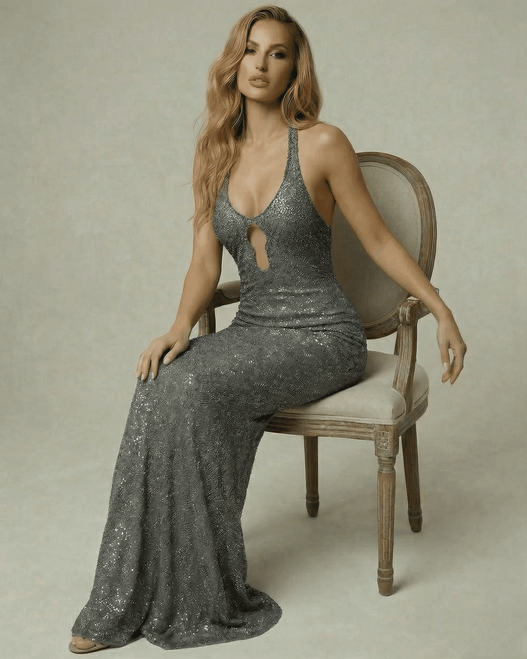 Sterling Maxi Dress by Lauven, featuring silver sequins, sleek silhouette, and floor-length design for formal events.